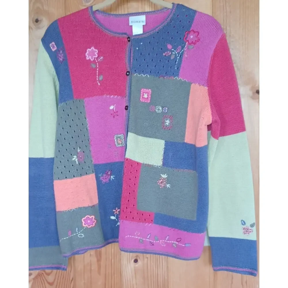 Vintage Koret Patchwork Cardigan Floral Embroidered Size Medium Cotton Blend - Picture 3 of 7